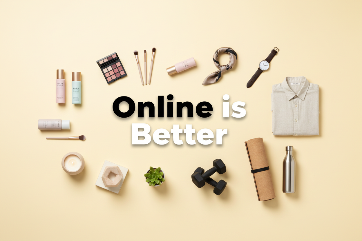 Banner amarillo pastel con productos variados y texto Online is Better